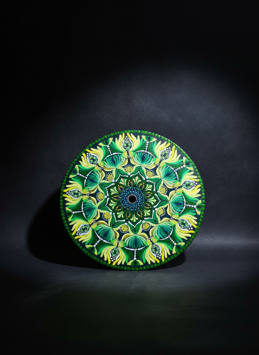 Mandala Art on Circular Canvas - Yellow Green