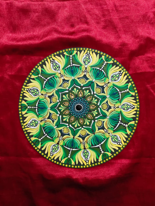 Mandala Art on Circular Canvas - Yellow Green