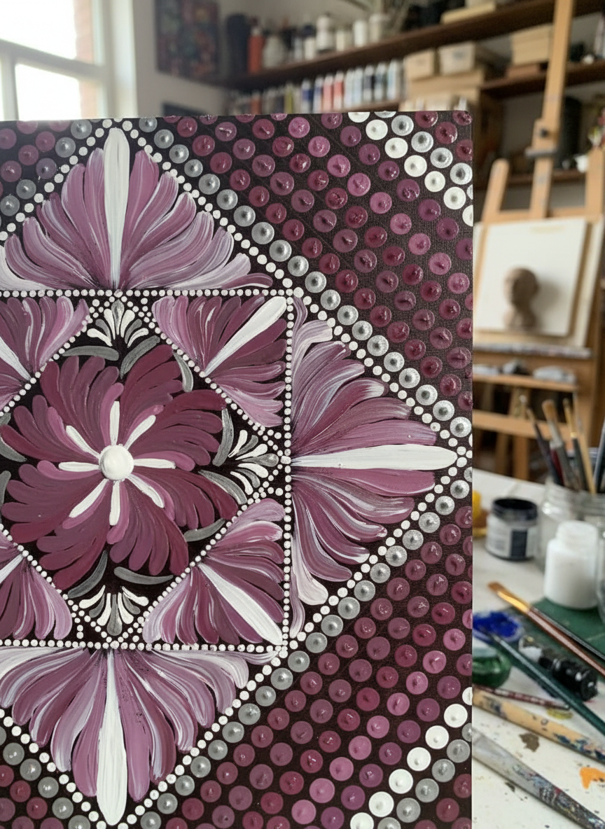 Mandala art on Square Canvas - Symmetric Design - Red Tinted